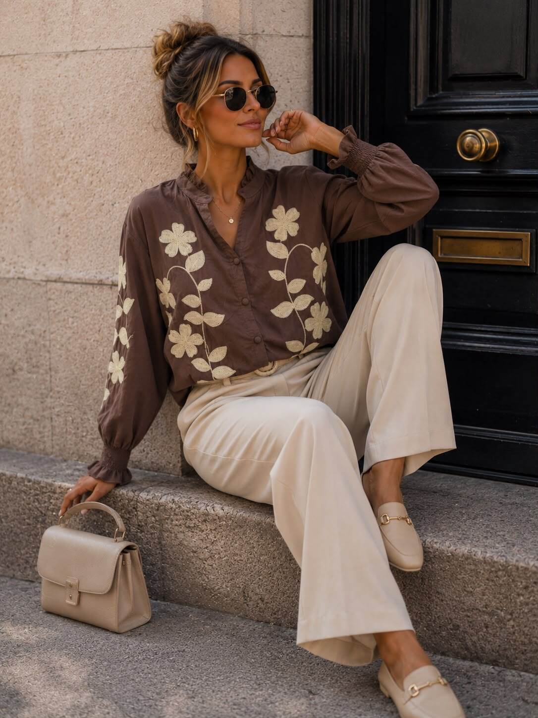 Floral Embroidered Shirt – Brown | Women's Luxury Cotton Top