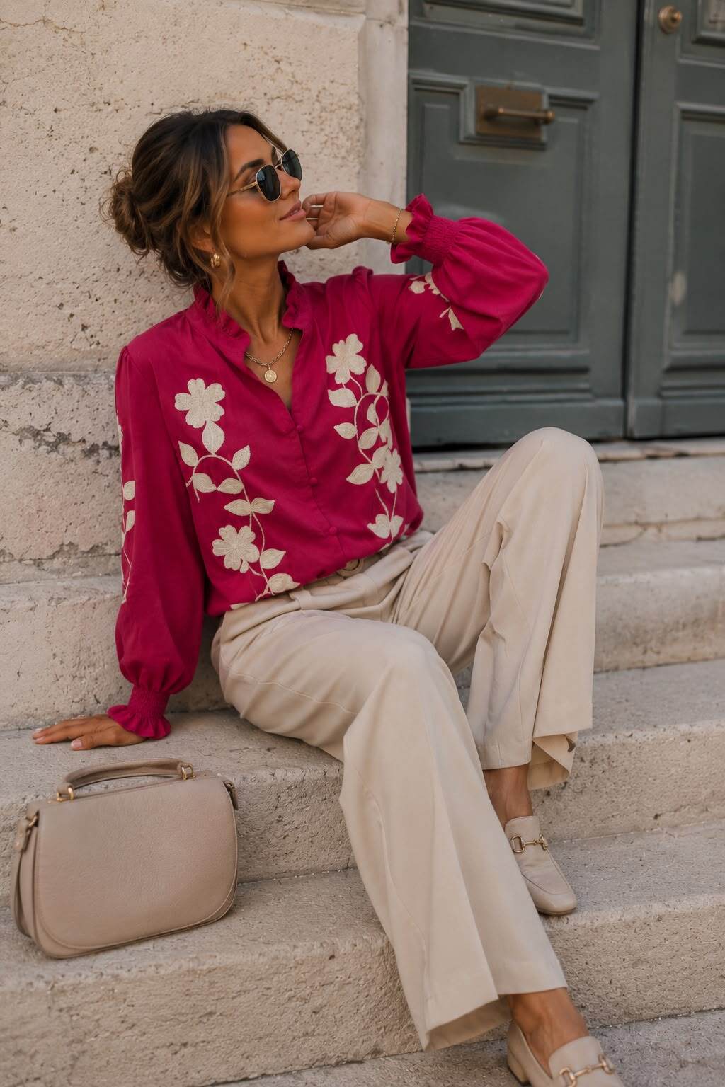 Floral Embroidered Shirt – Red | Women's Luxury Cotton Top