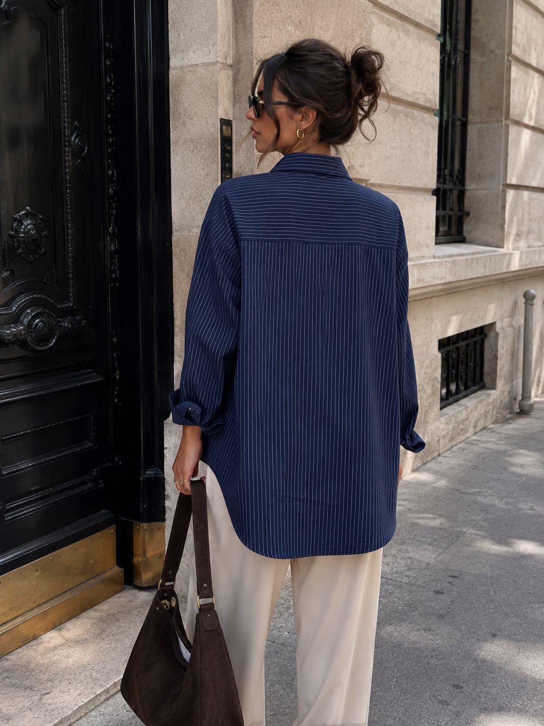 Oversized Striped Shirt – Navy | Women's Luxury Cotton Top