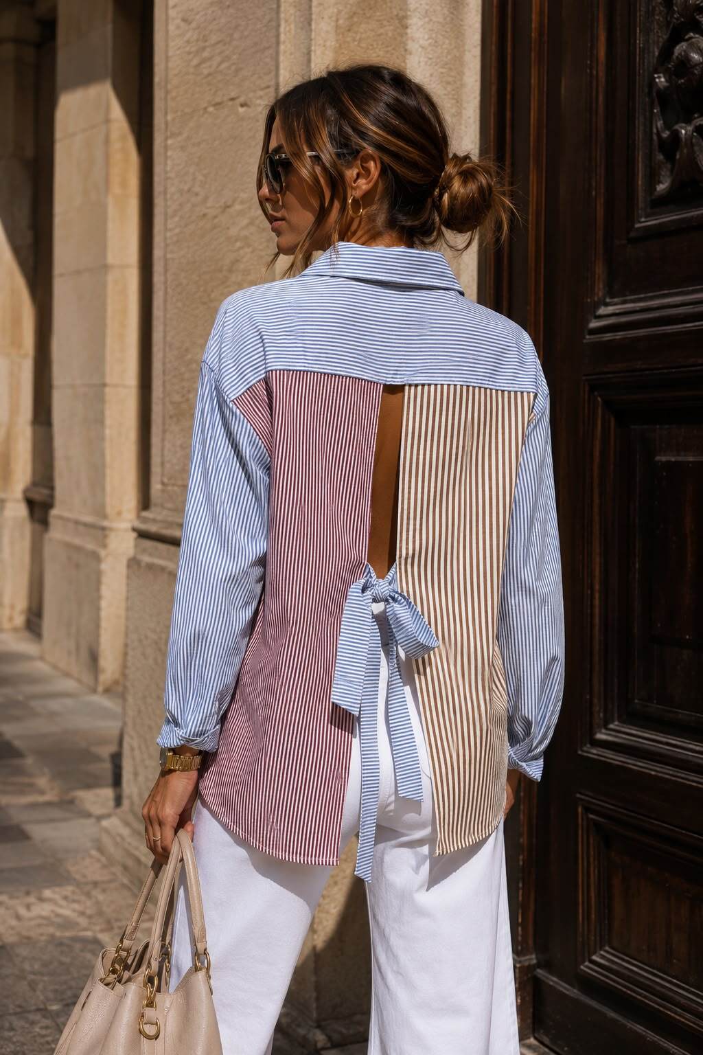 Multicolour Striped Open-Back Tie Shirt – Blue | Women's Luxury Cotton-Blend Top