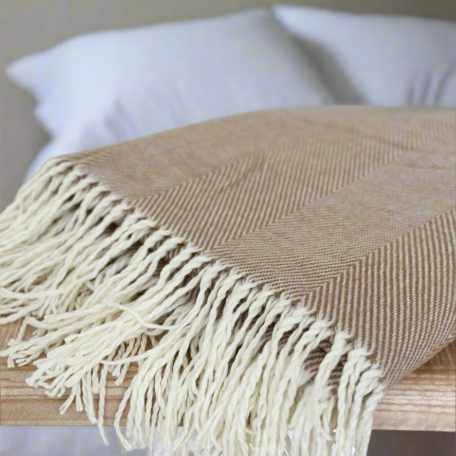 Cream & Brown Herringbone Throw with Tassel Ends