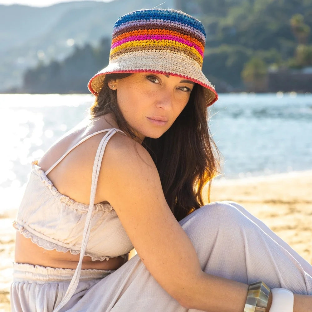 Checkerboard Raffia Bucket Hat – Multicolour | Luxury Handwoven Sun Hat