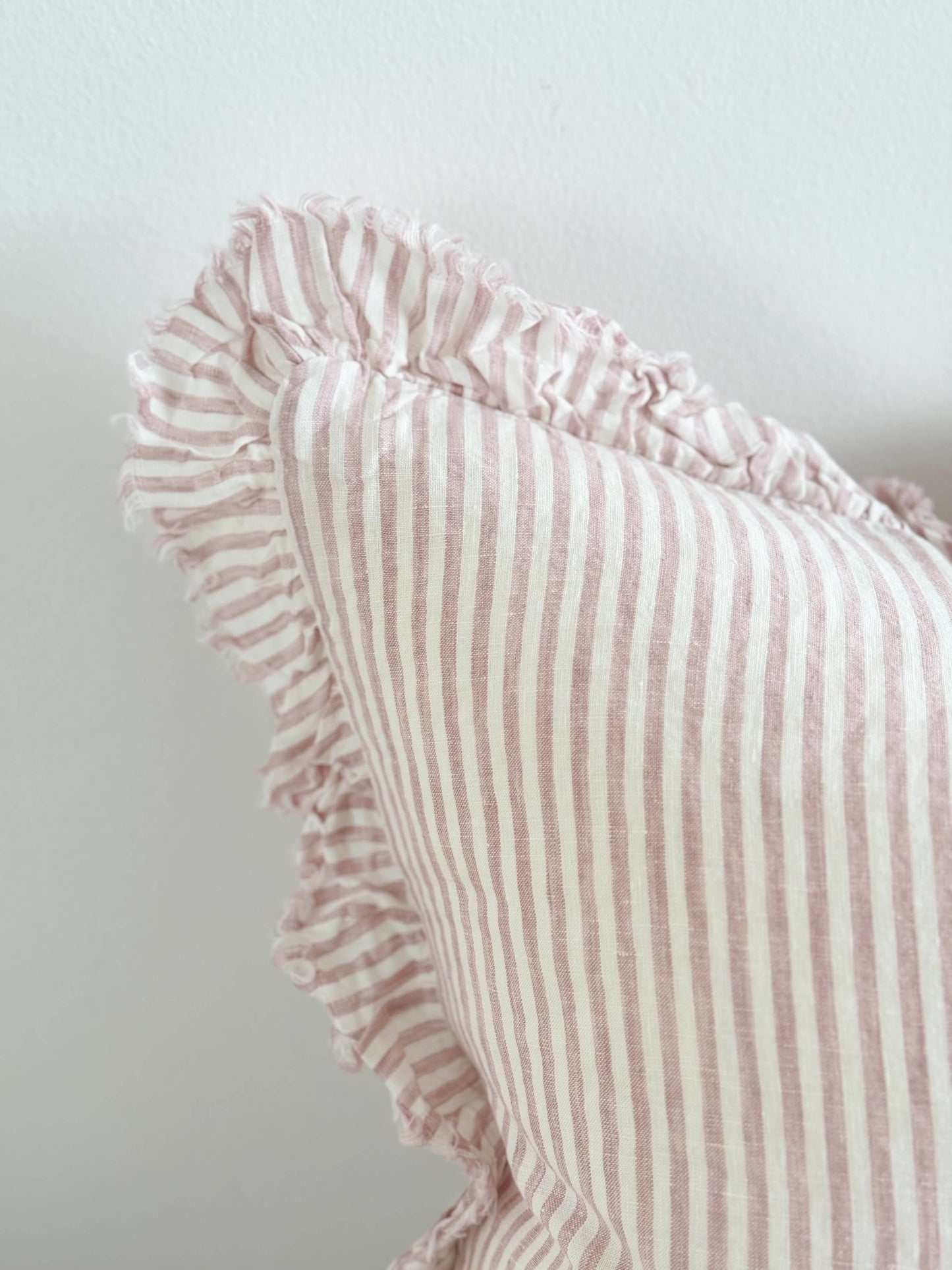 Pink Stripe Stonewashed Linen Cushion Cover – Ruffled Edge, 45cm