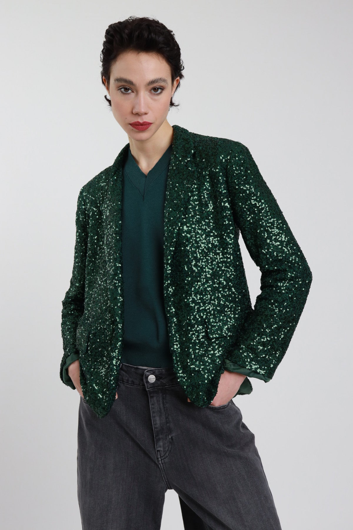 Green Sparkling Sequin Blazer with Classic Lapel & Pockets