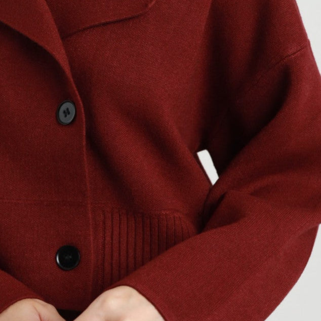 Knitted Double Breasted Short Jacket – Burgundy | Chic & Cozy Layer