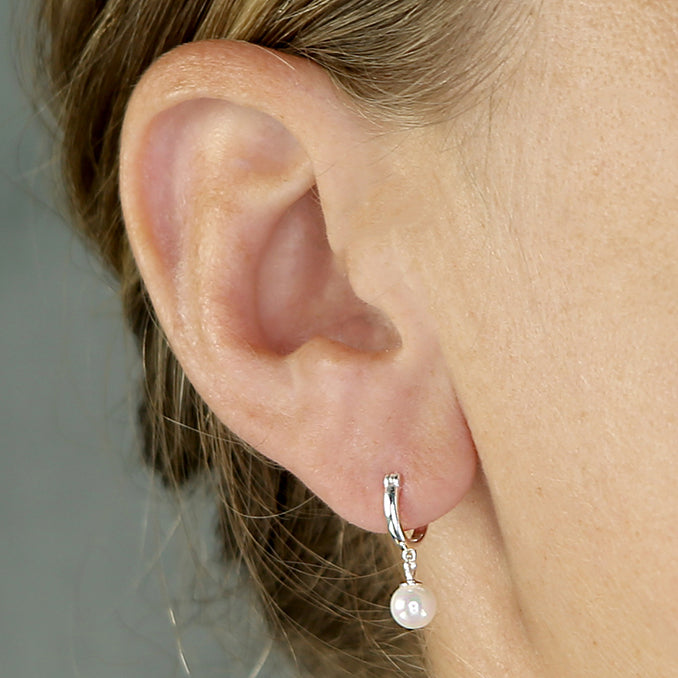 Sterling Silver Earring 10mm creole faux pearl charm hoop. Suitable for smaller lobes or second piercings.