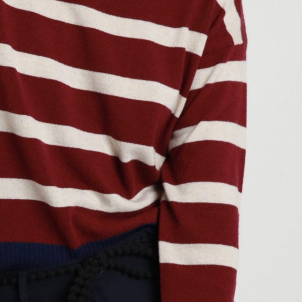 Striped Wool Blend Sweater – Soft & Warm Knit | Burgundy & Cream