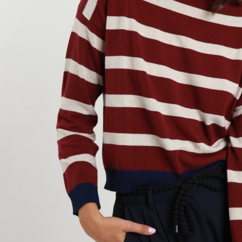 Striped Wool Blend Sweater – Soft & Warm Knit | Burgundy & Cream