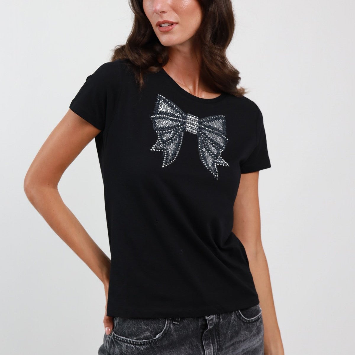 T-Shirt with Printed Bow & Studded Embellishment | Slim Fit | 100% Cotton
