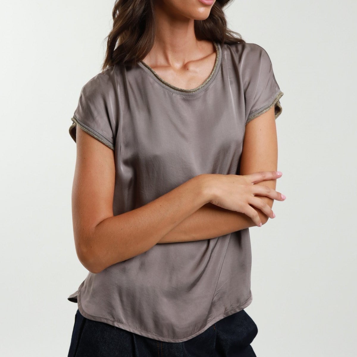 Olive Satin Style Top-Lurex Detail