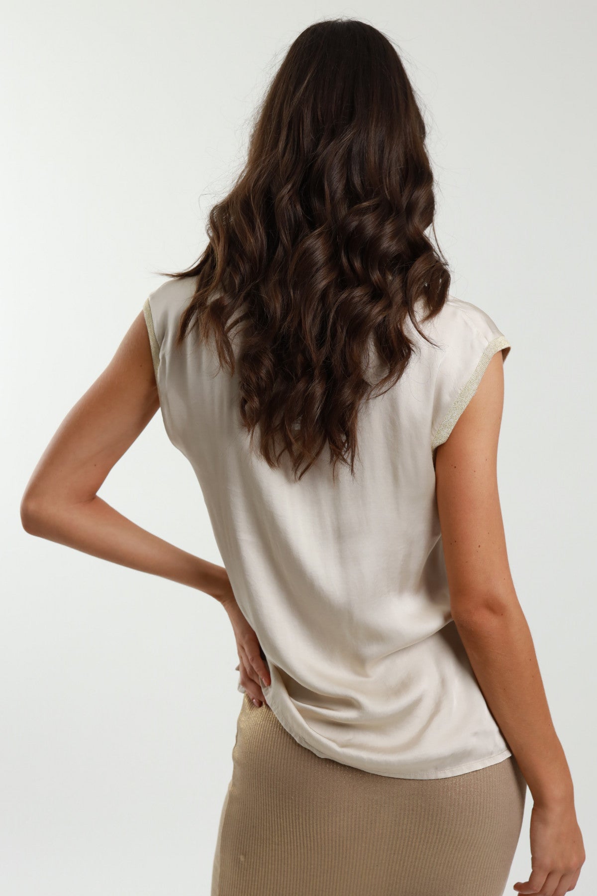 Satin Top V Neck-Champagne