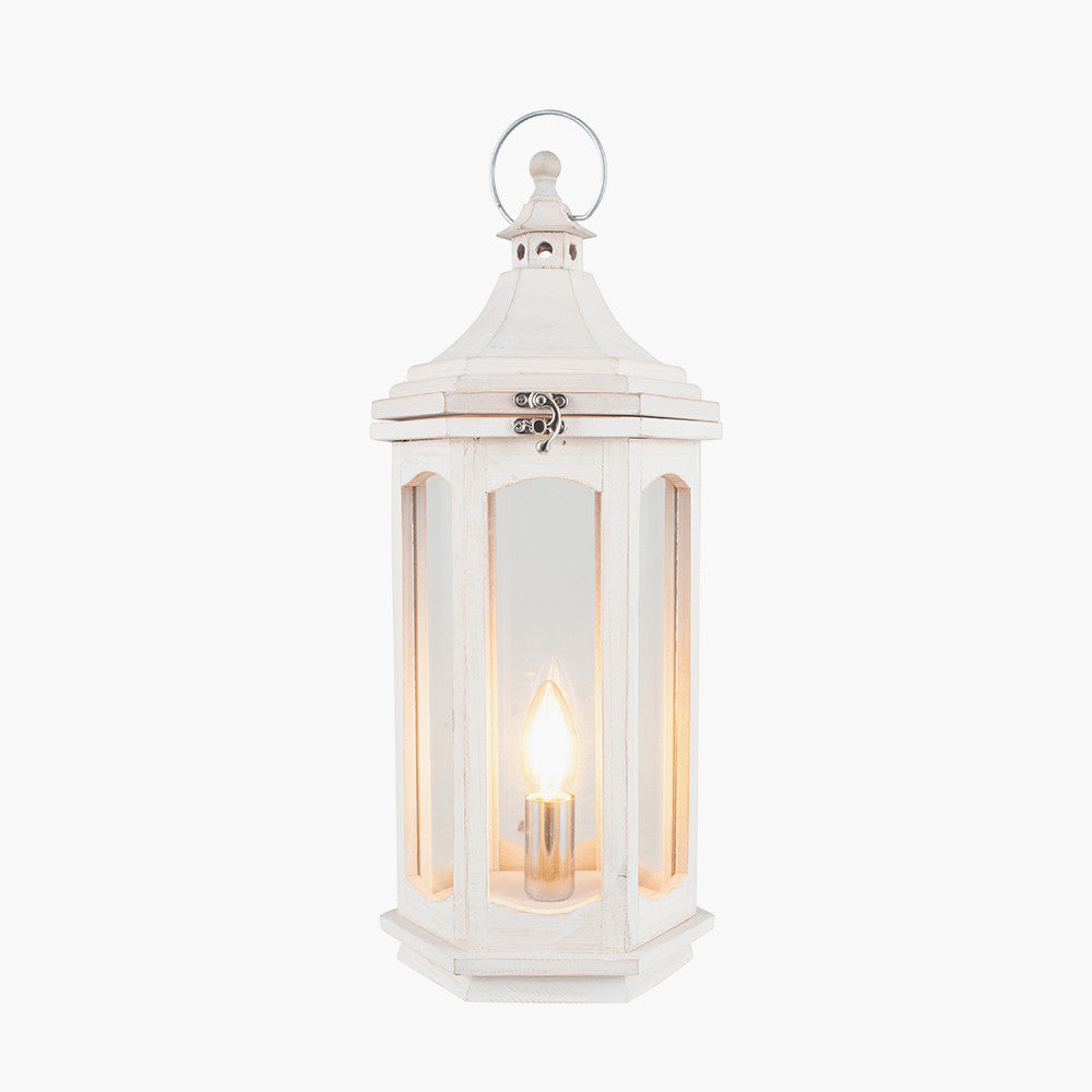 Adaline White Wash Wood Lantern Table Lamp for sale - Woodcock and Cavendish