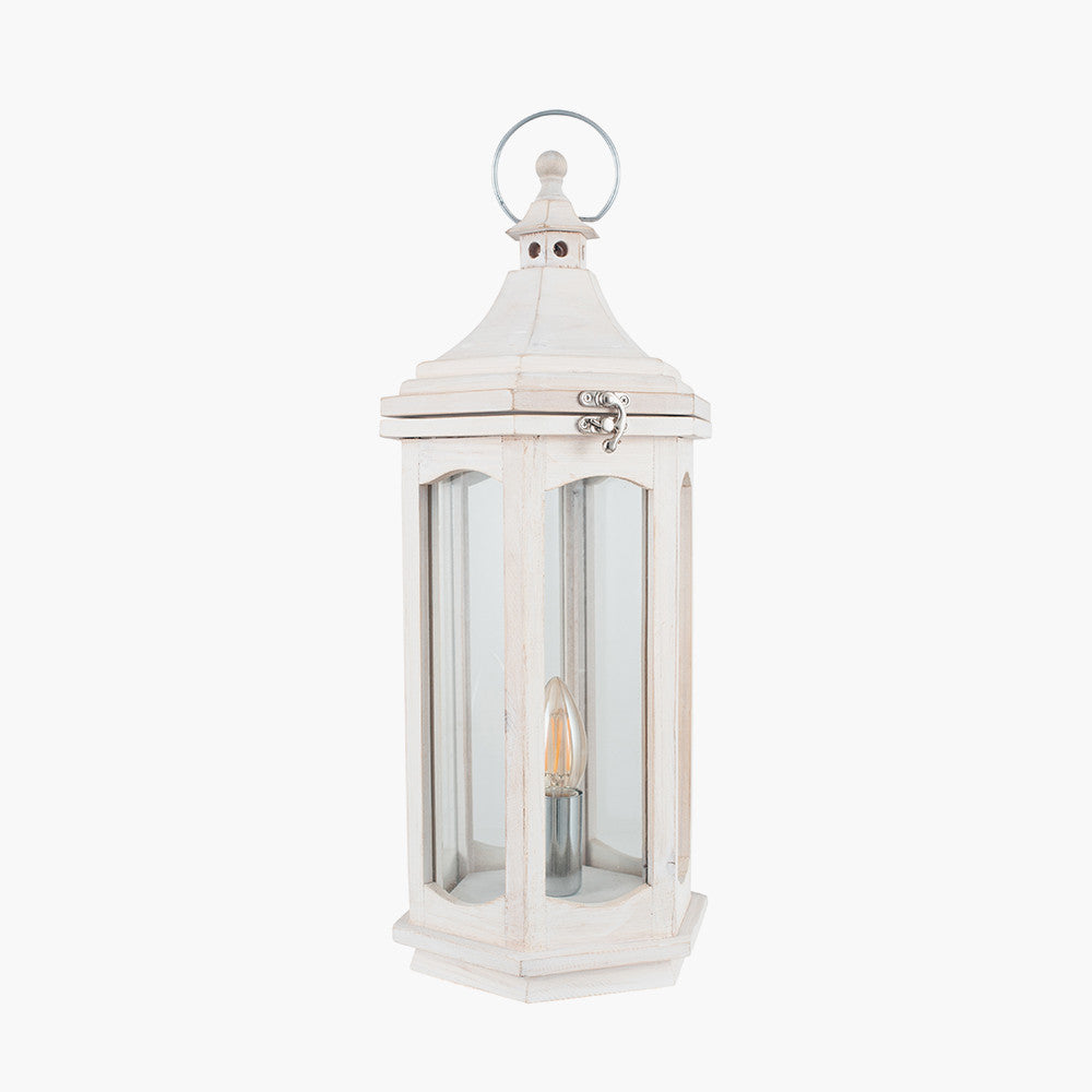 Adaline White Wash Wood Lantern Table Lamp for sale - Woodcock and Cavendish