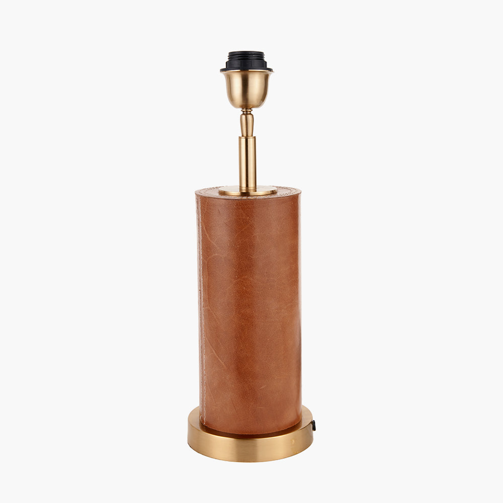 Tan Leather and Brass Cylindrical Table Lamp