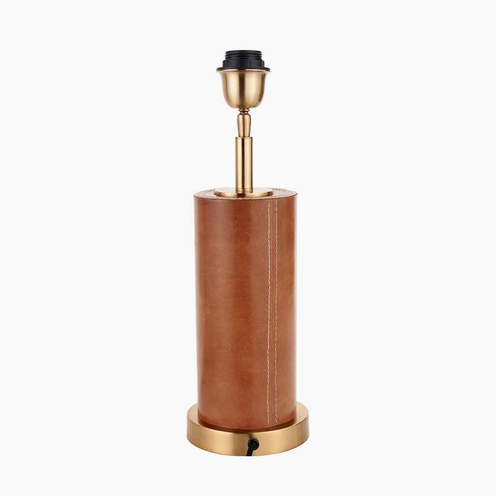 Tan Leather and Brass Cylindrical Table Lamp