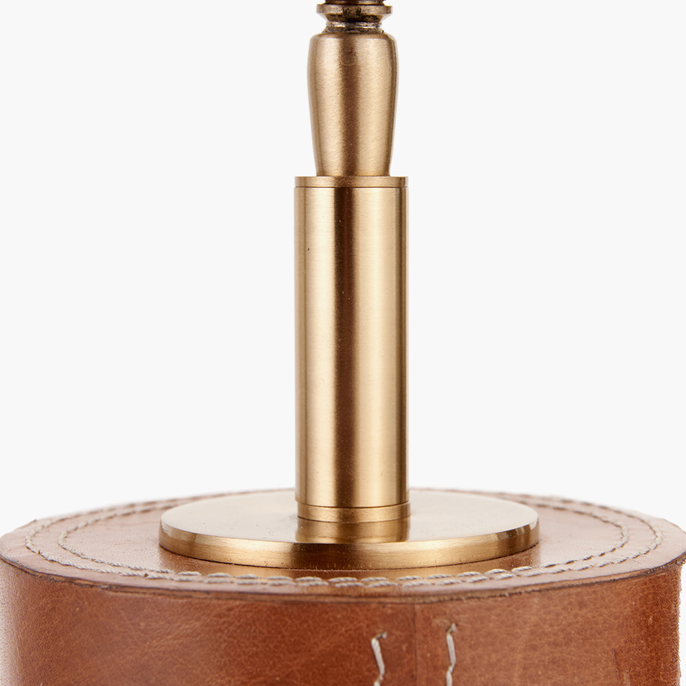 Tan Leather and Brass Cylindrical Table Lamp