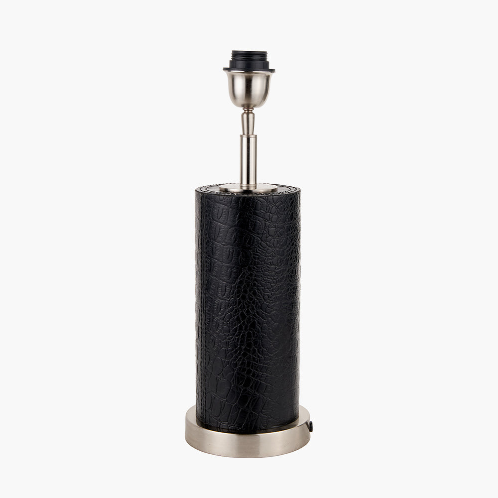 Black Croc Leather and Silver Cylindrical Table Lamp