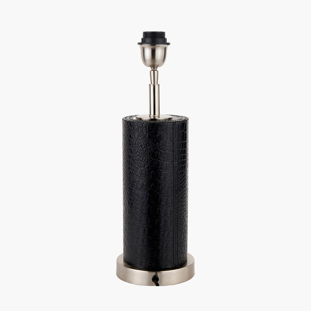 Black Croc Leather and Silver Cylindrical Table Lamp
