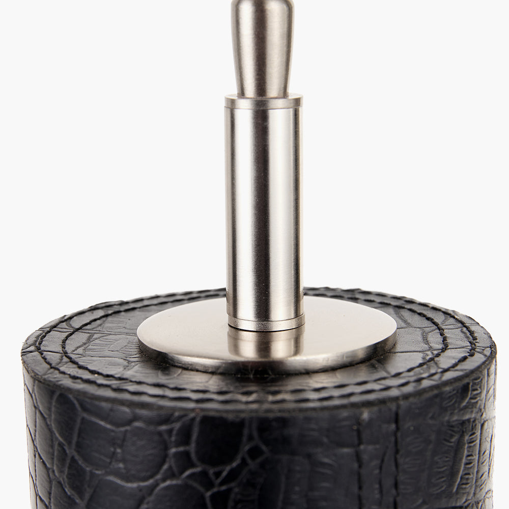 Black Croc Leather and Silver Cylindrical Table Lamp