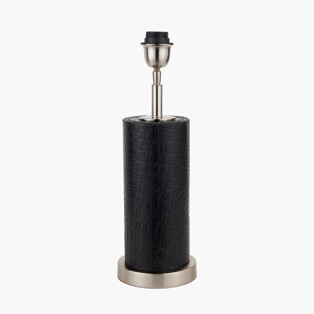 Black Croc Leather and Silver Cylindrical Table Lamp