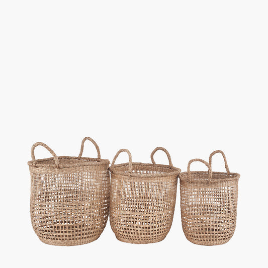 S/3 Open Weave Seagrass Round Handled Baskets for sale - Woodcock and Cavendish