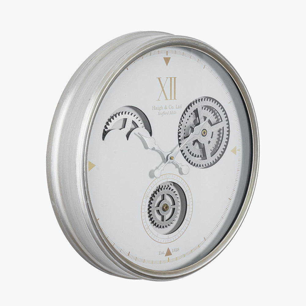 White and Silver Metal Cogs Wall Clock for sale - Woodcock and Cavendish