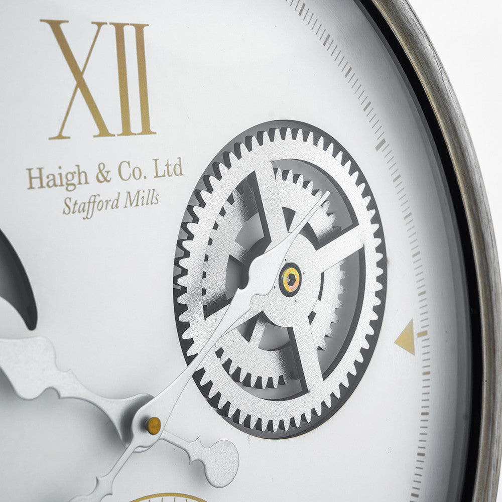 White and Silver Metal Cogs Wall Clock for sale - Woodcock and Cavendish