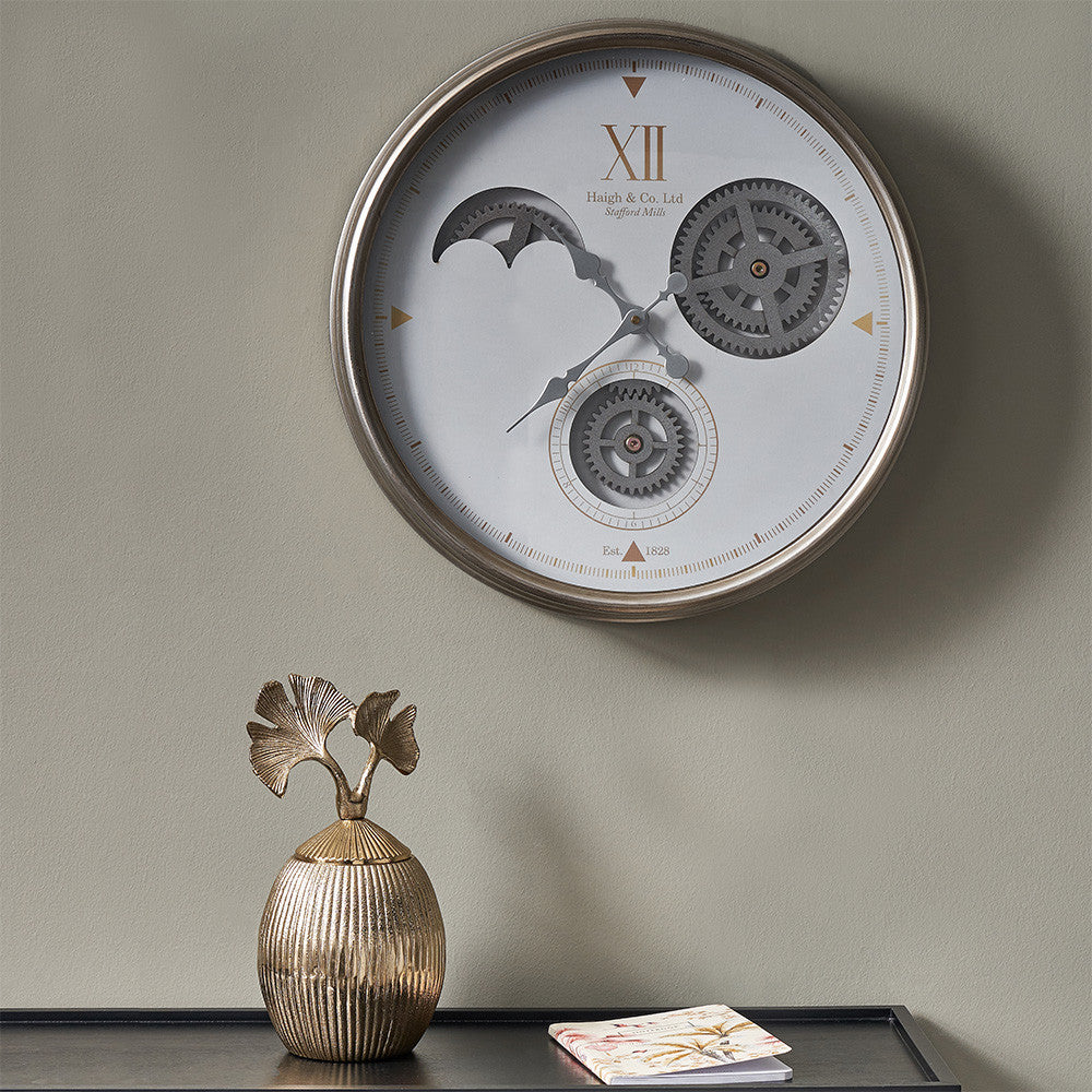 White and Silver Metal Cogs Wall Clock for sale - Woodcock and Cavendish