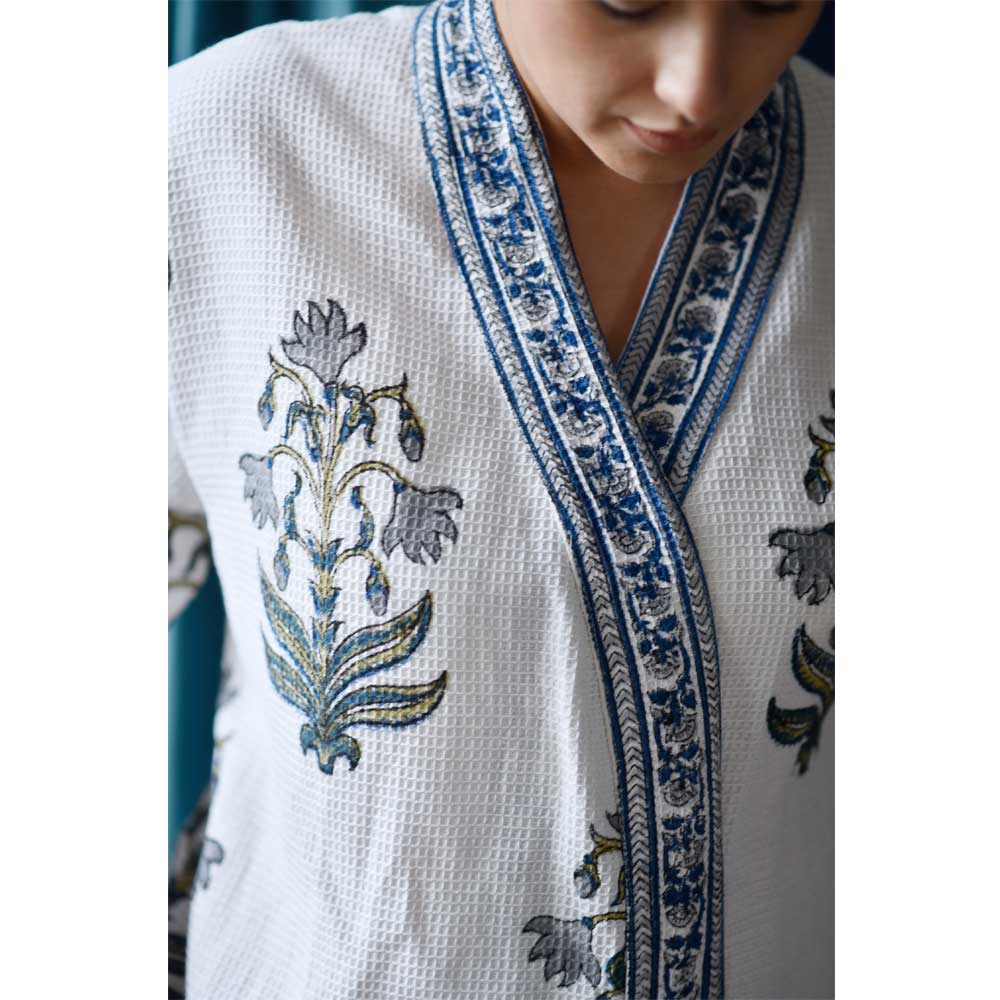 Blue Flower Waffle Dressing Gown for sale - Woodcock and Cavendish