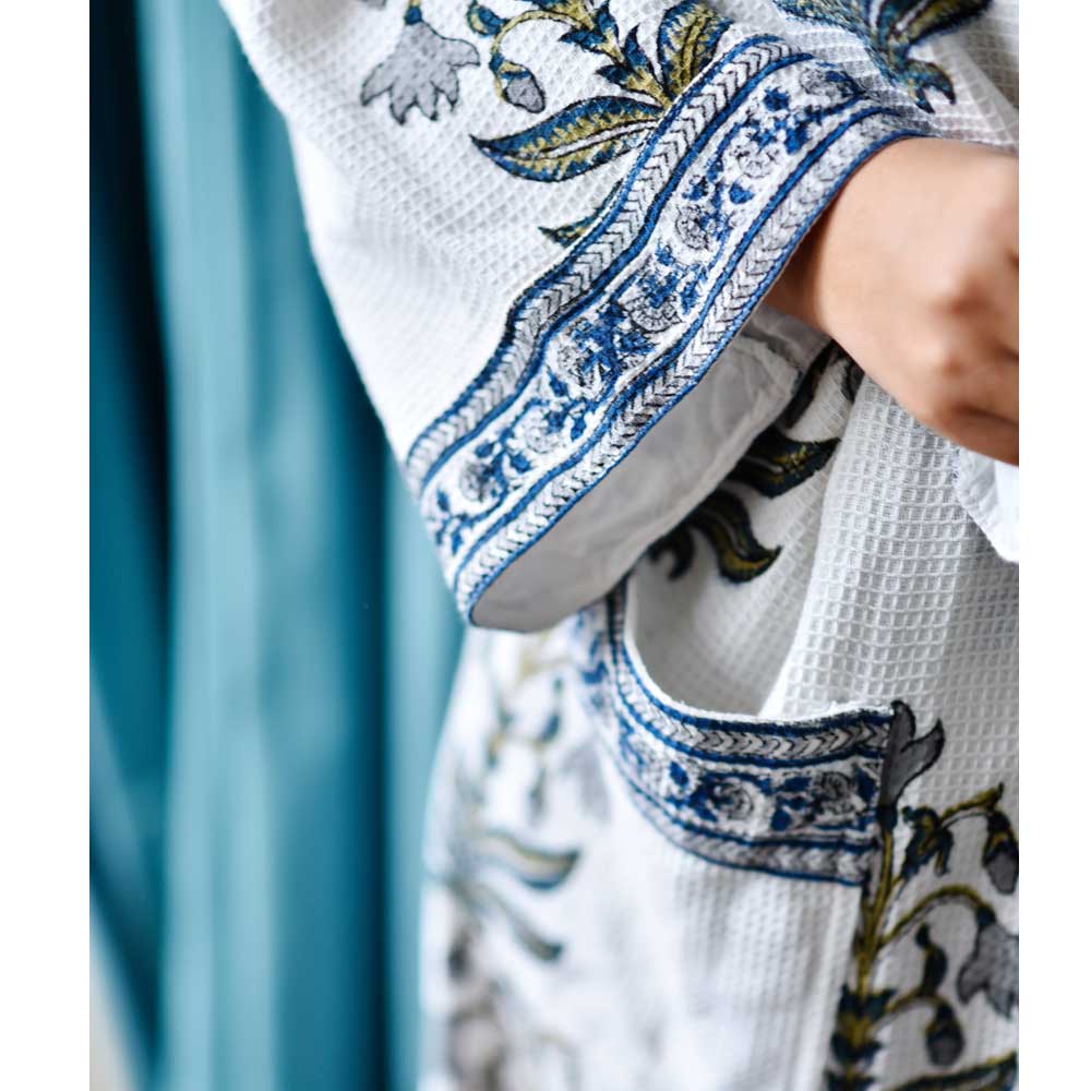 Blue Flower Waffle Dressing Gown for sale - Woodcock and Cavendish