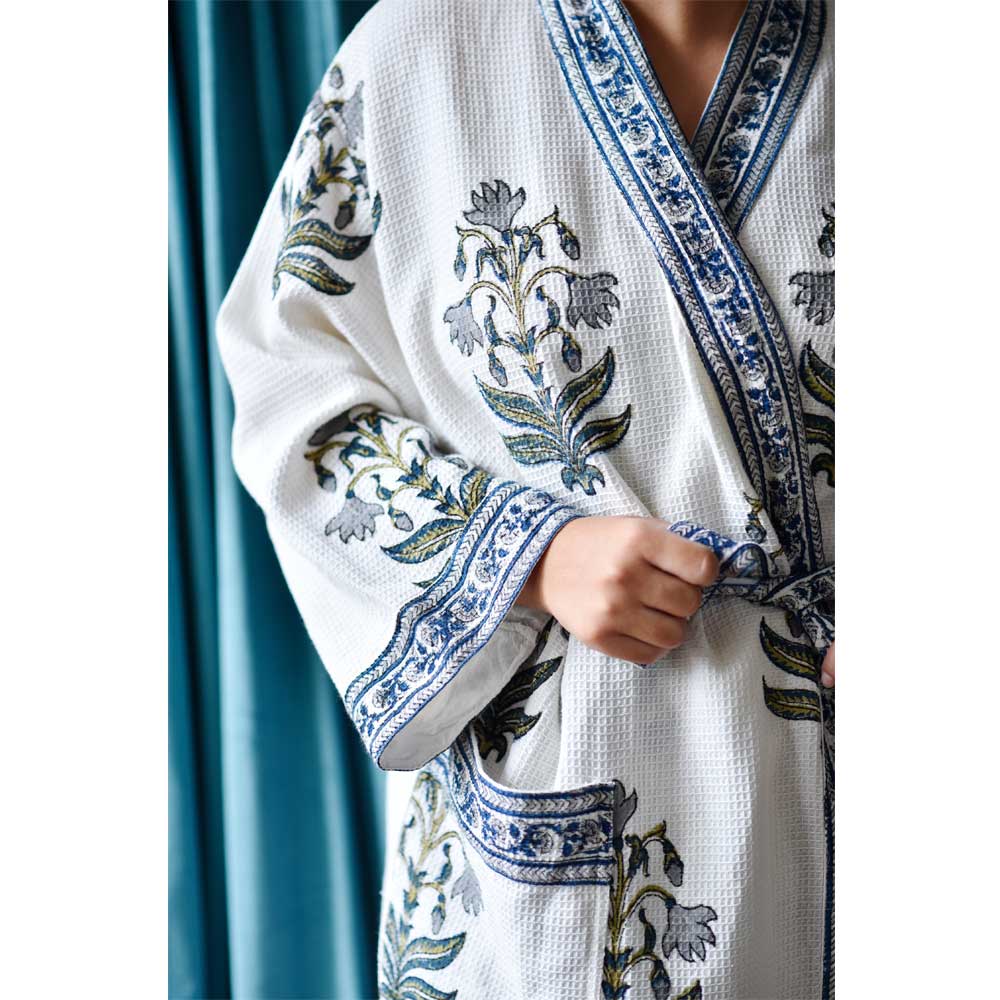 Blue Flower Waffle Dressing Gown for sale - Woodcock and Cavendish
