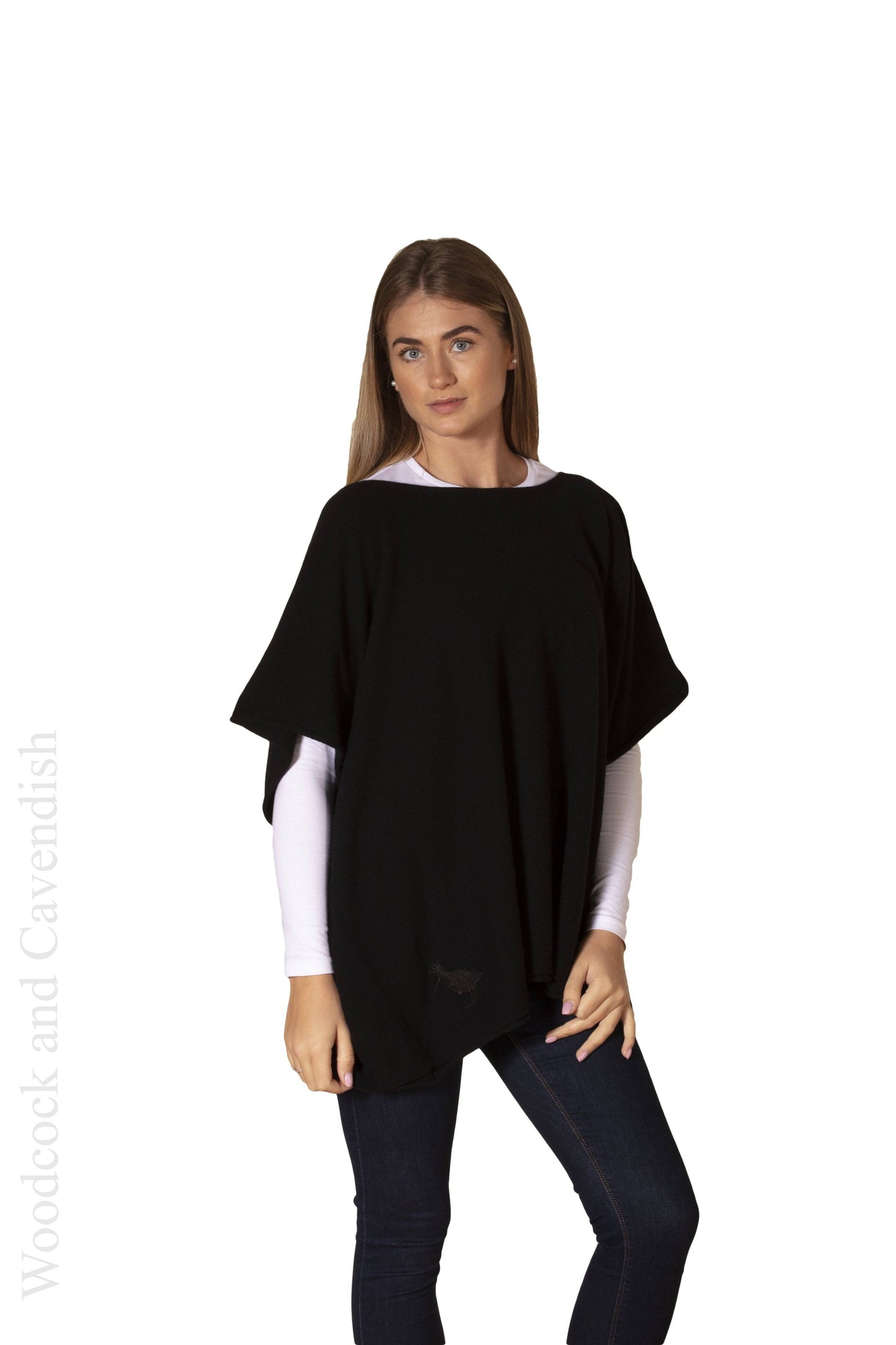 Cashmere & Merino Wool Boat Neck Poncho in Black By Woodcock & Cavendish for sale - Woodcock and Cavendish