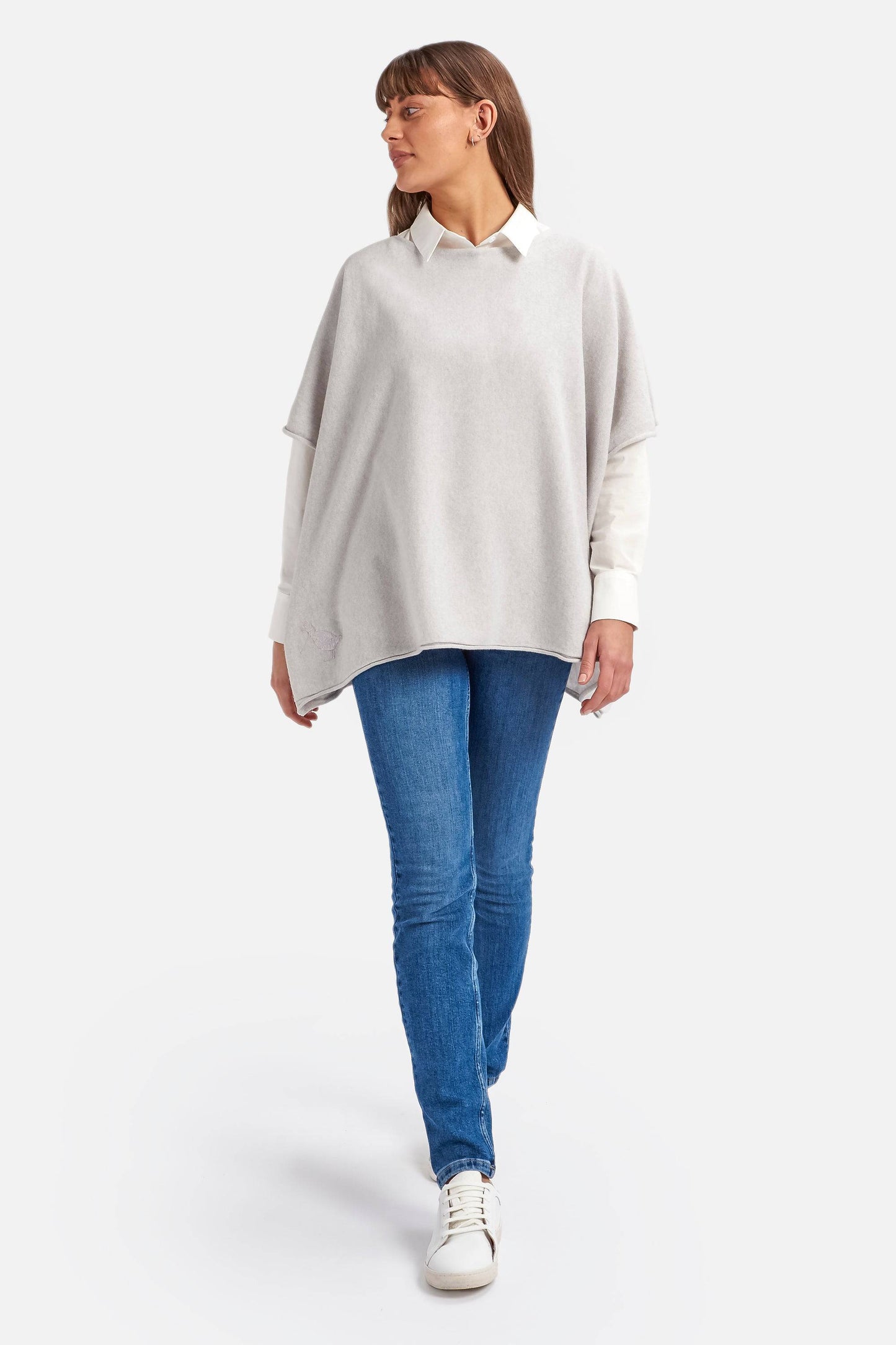 Cashmere & Merino Wool Boat Neck Poncho in Grey Marl By Woodcock & Cavendish for sale - Woodcock and Cavendish