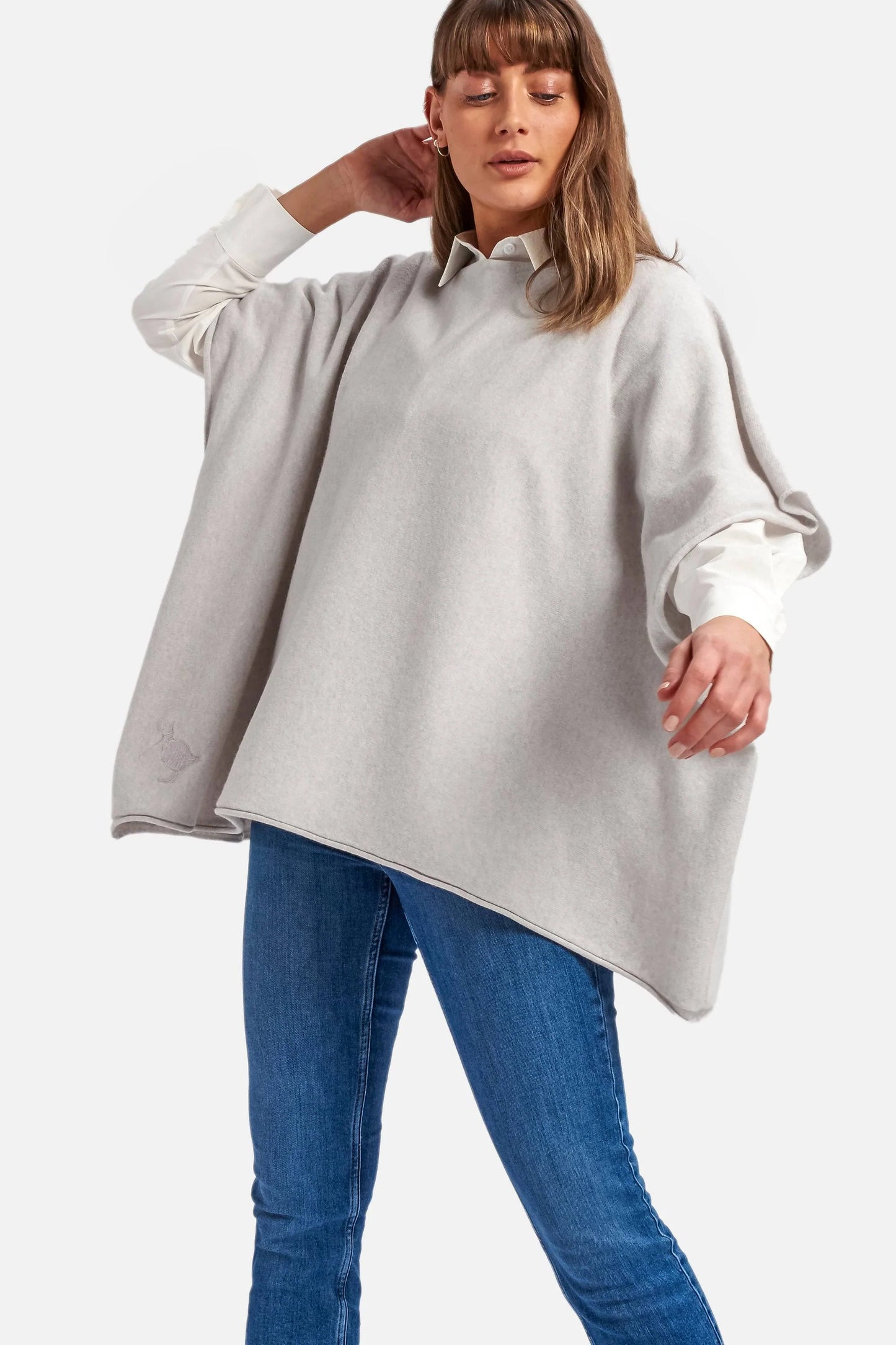 Cashmere & Merino Wool Boat Neck Poncho in Grey Marl By Woodcock & Cavendish for sale - Woodcock and Cavendish