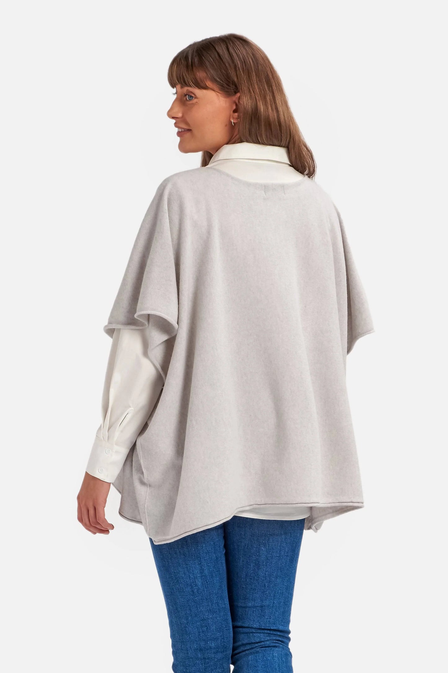 Cashmere & Merino Wool Boat Neck Poncho in Grey Marl By Woodcock & Cavendish for sale - Woodcock and Cavendish
