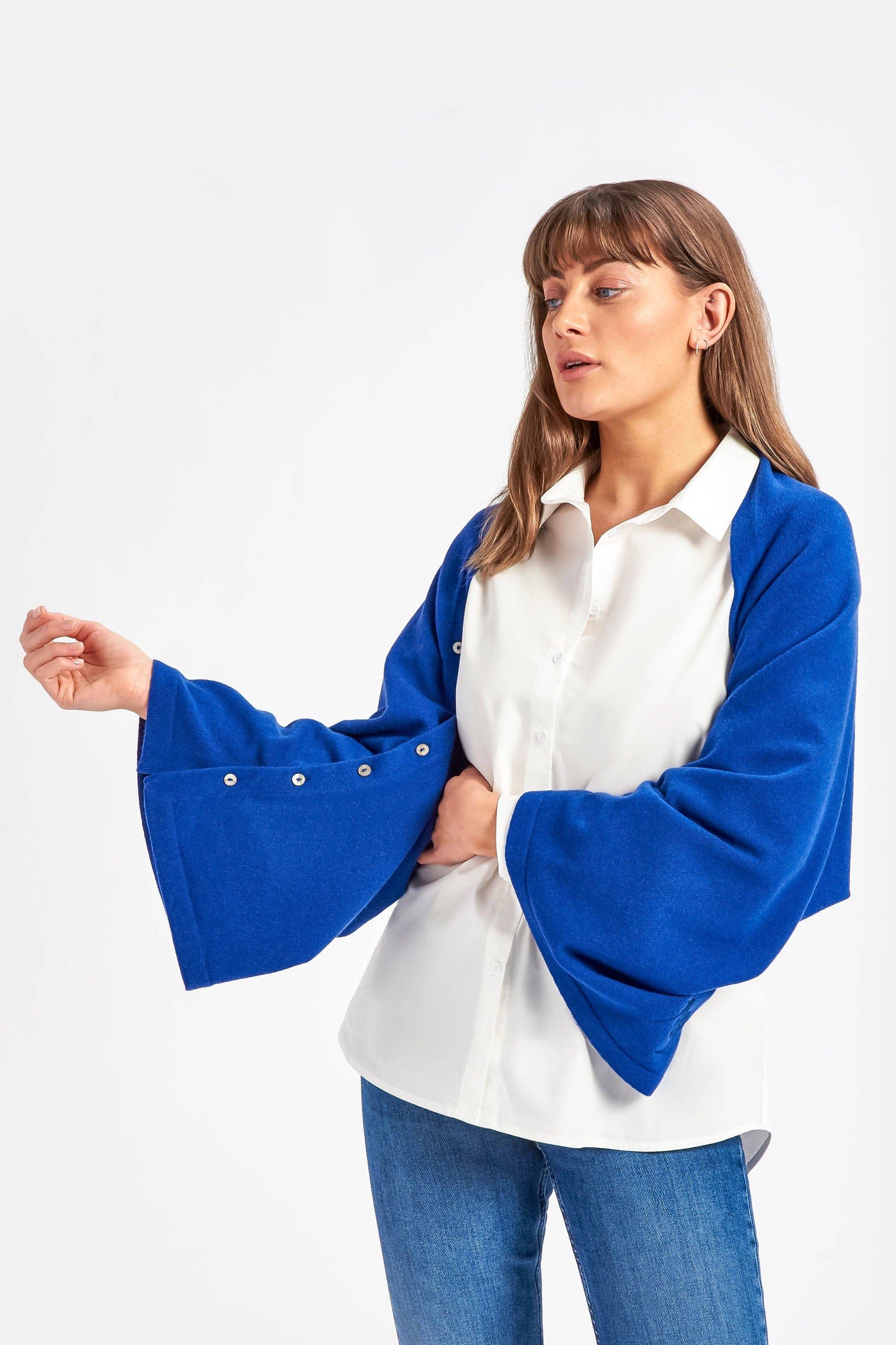 Cashmere & Merino Wool Long Length Button Poncho in Cobalt Blue by Woodcock & Cavendish for sale - Woodcock and Cavendish