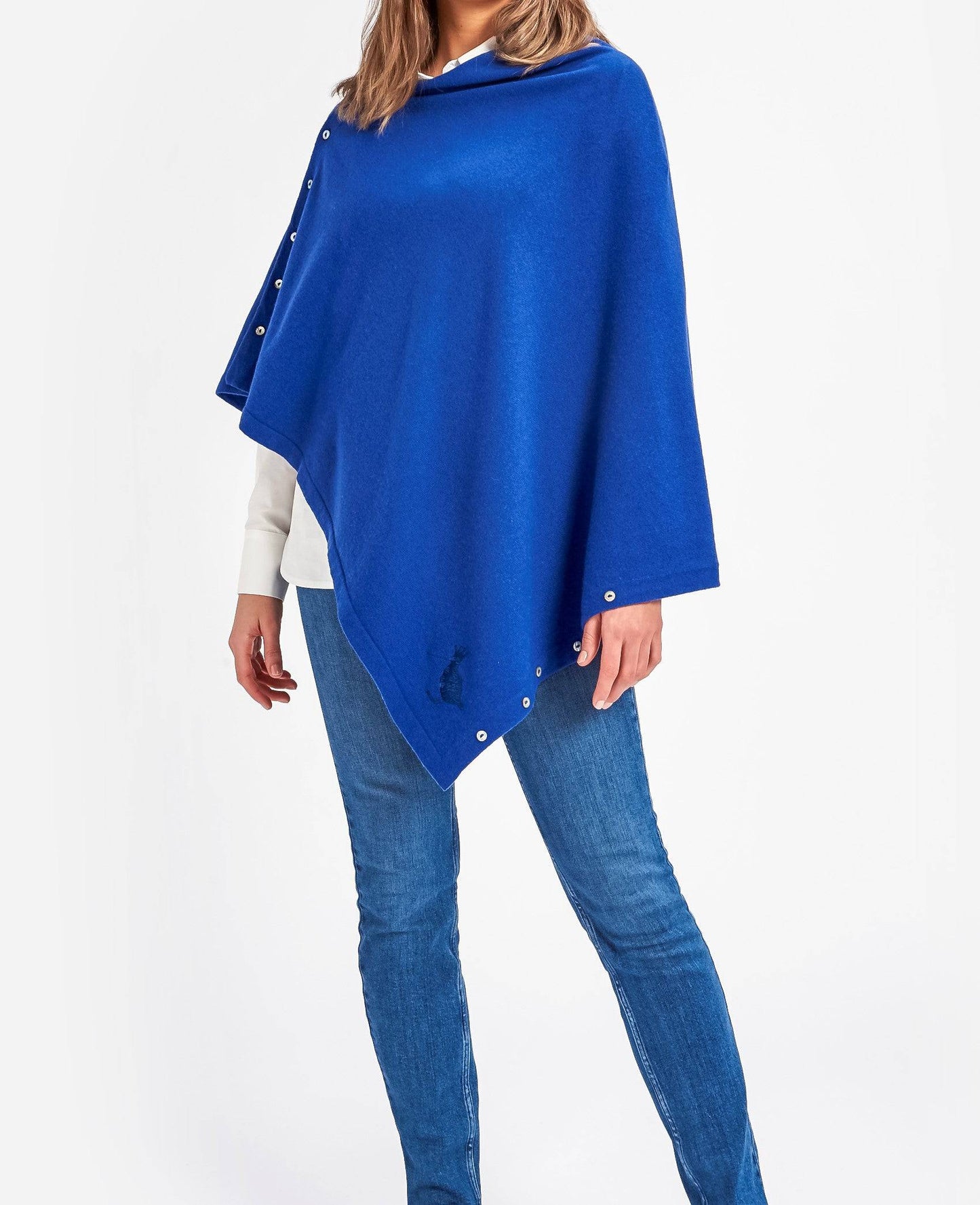 Cashmere & Merino Wool Long Length Button Poncho in Cobalt Blue by Woodcock & Cavendish for sale - Woodcock and Cavendish