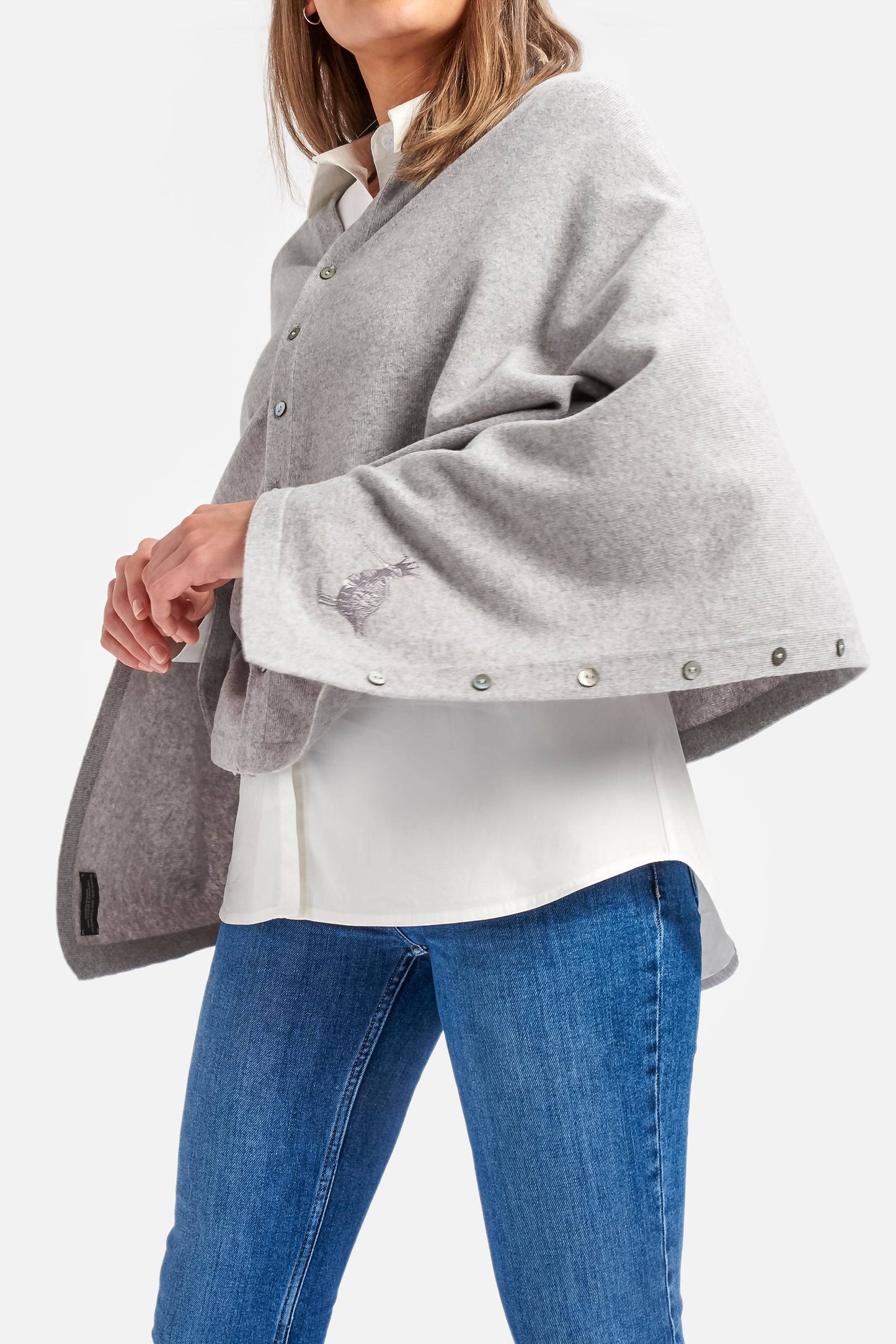 Cashmere & Merino Wool Long Length Button Poncho in Grey Marl by Woodcock & Cavendish for sale - Woodcock and Cavendish