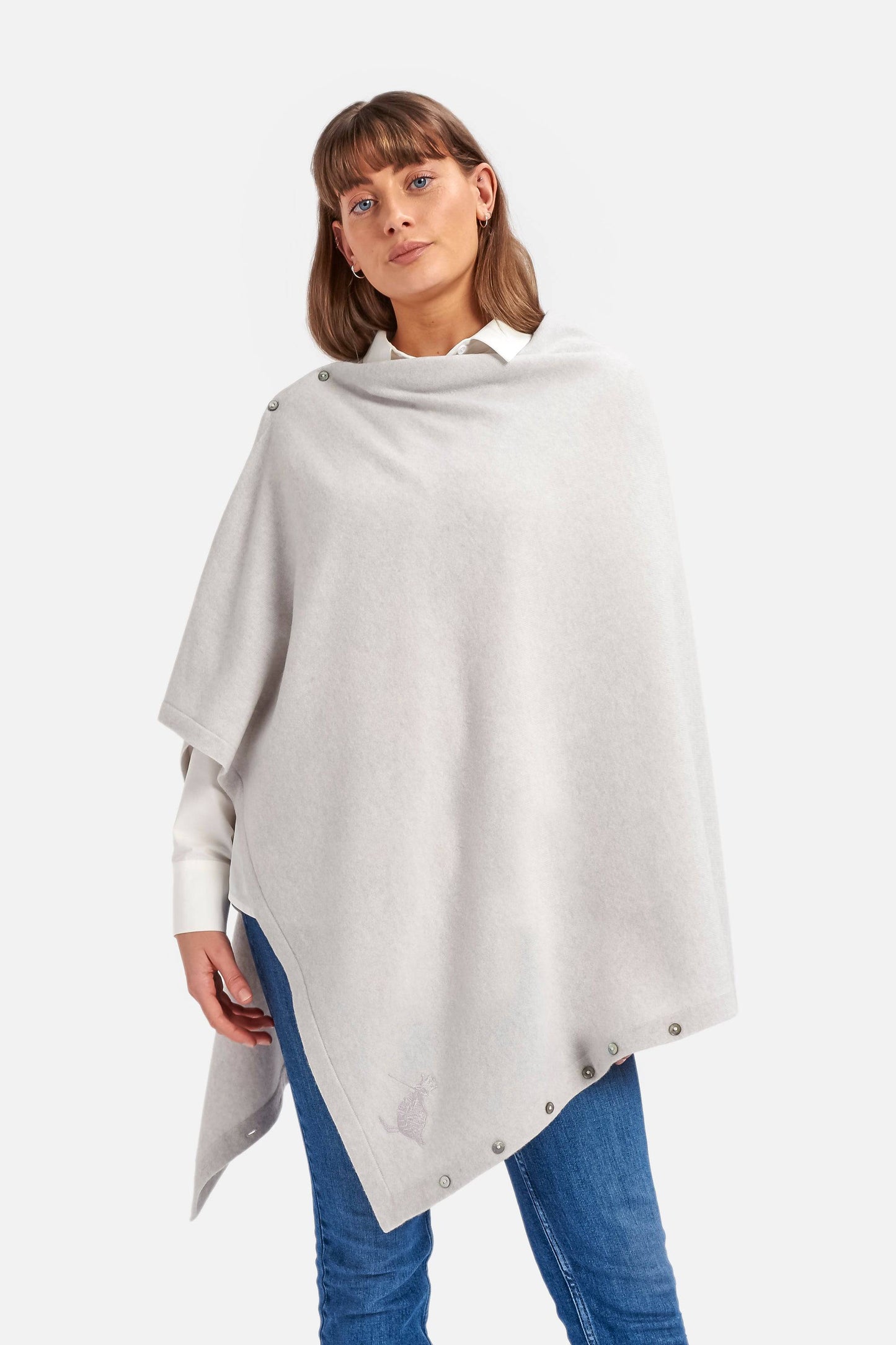 Cashmere & Merino Wool Long Length Button Poncho in Grey Marl by Woodcock & Cavendish for sale - Woodcock and Cavendish