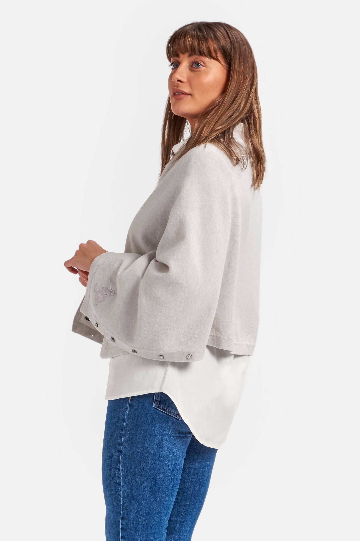 Cashmere & Merino Wool Long Length Button Poncho in Grey Marl by Woodcock & Cavendish for sale - Woodcock and Cavendish