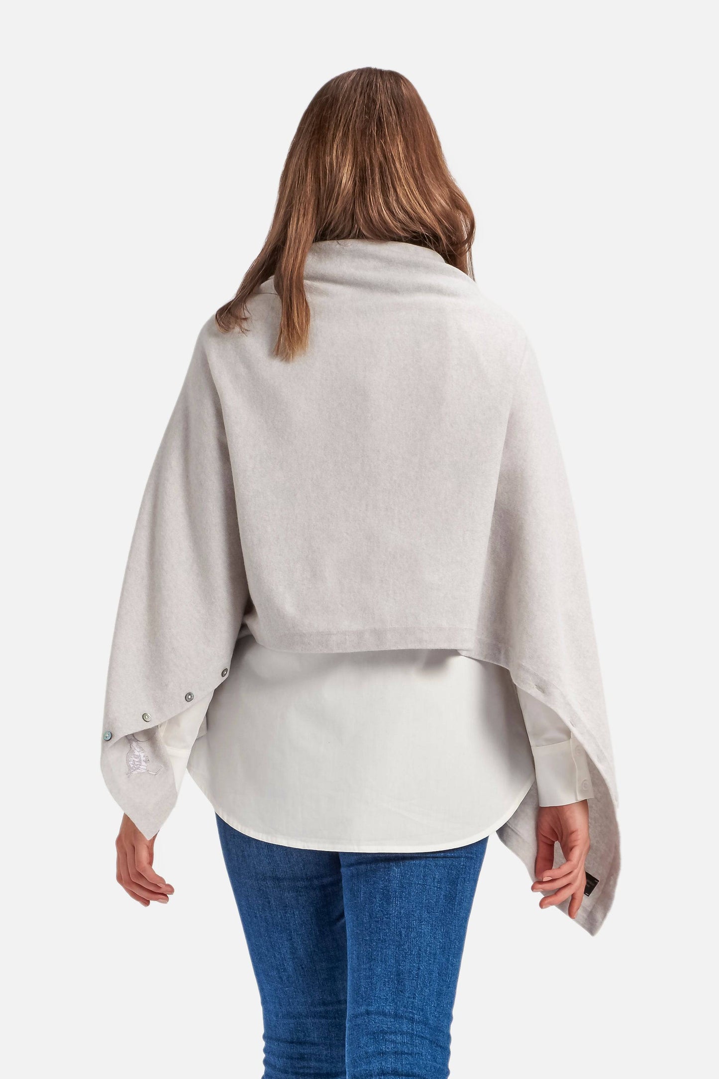Cashmere & Merino Wool Long Length Button Poncho in Grey Marl by Woodcock & Cavendish for sale - Woodcock and Cavendish