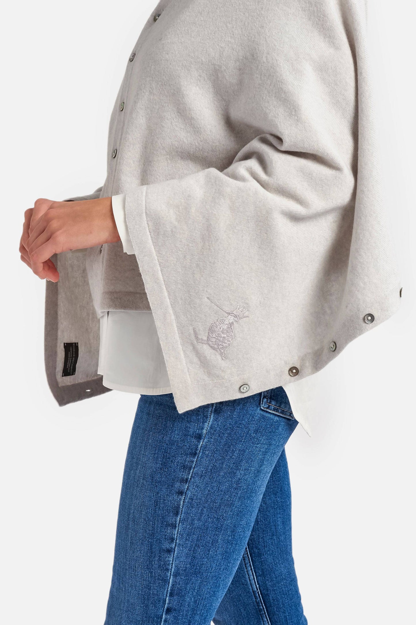 Cashmere & Merino Wool Long Length Button Poncho in Grey Marl by Woodcock & Cavendish for sale - Woodcock and Cavendish