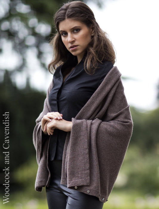Cashmere & Merino Wool Short Length Button Poncho in Brown by Woodcock & Cavendish for sale - Woodcock and Cavendish