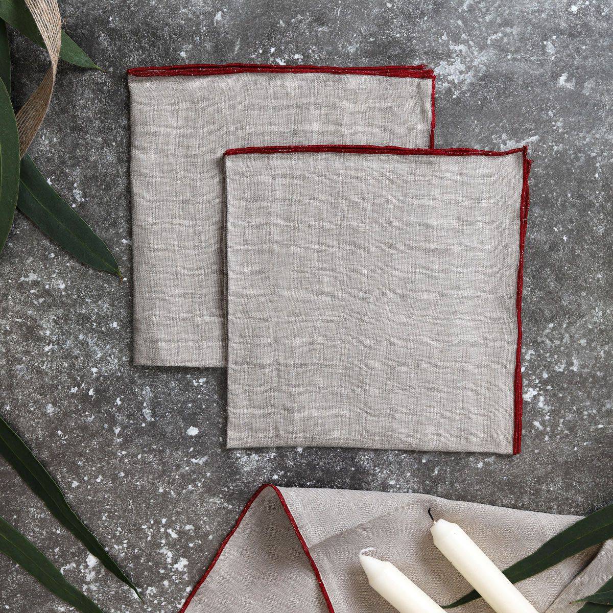Linen Natural and Deep Red Napkins - Set of 2 for sale - Woodcock and Cavendish