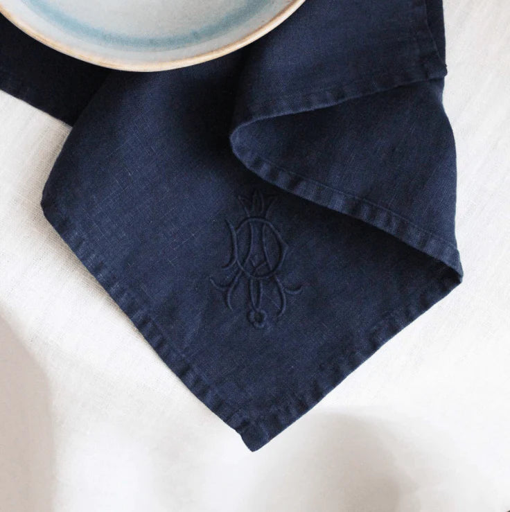Linen Navy Monogrammed Napkins - Set of 2 for sale - Woodcock and Cavendish