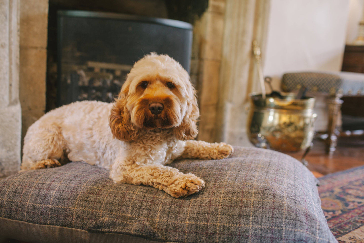 Luxury Pet Bed in Grey Wool Check by Woodcock & Cavendish for sale - Woodcock and Cavendish