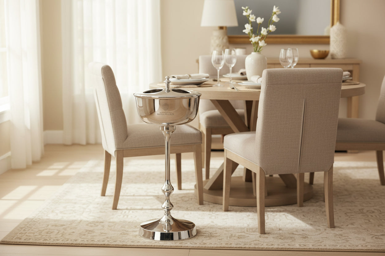 Neutral dining room with round table, beige chairs and a chrome wine cooler stand.