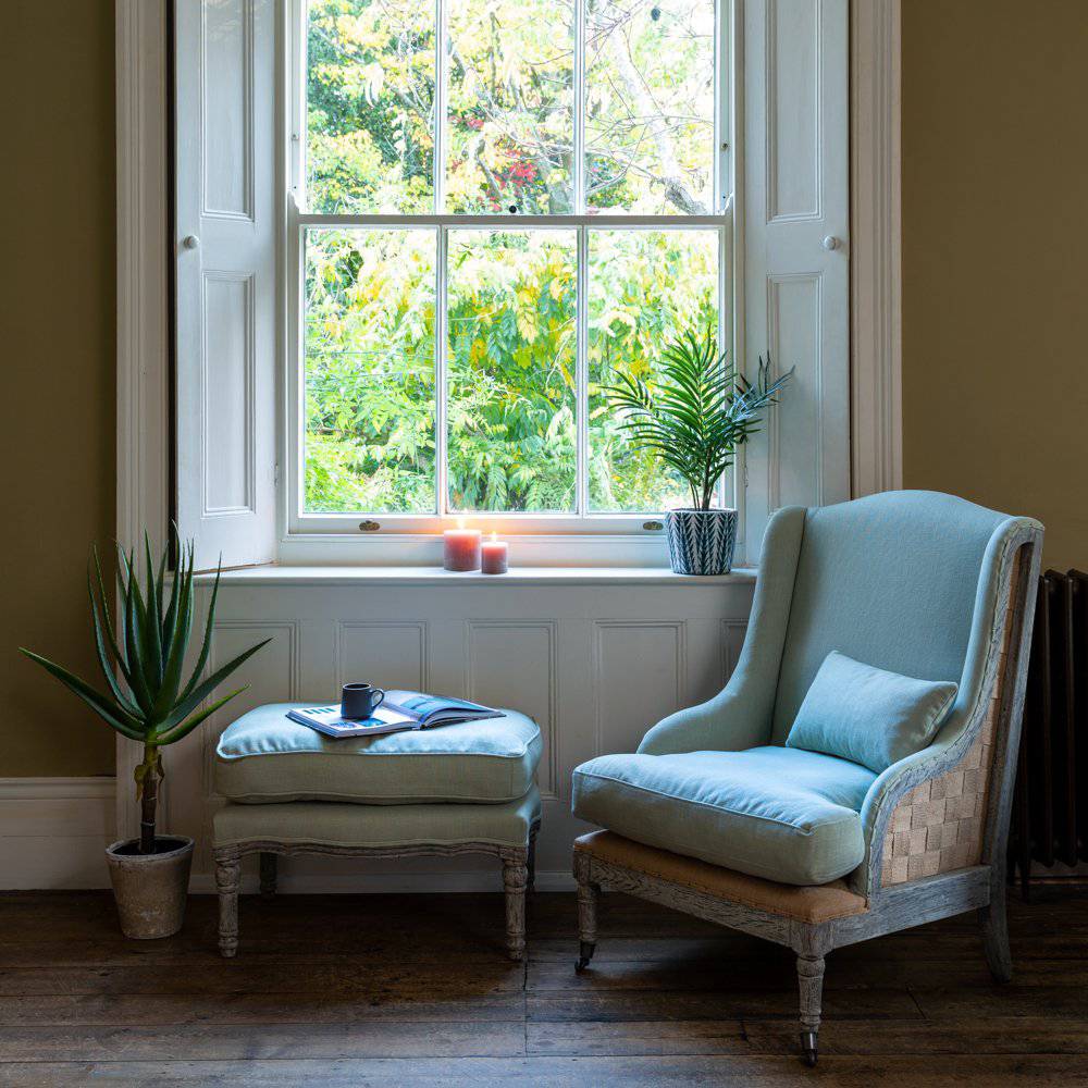 Tilda Footstool With Cushion in Swedish Green for sale - Woodcock and Cavendish