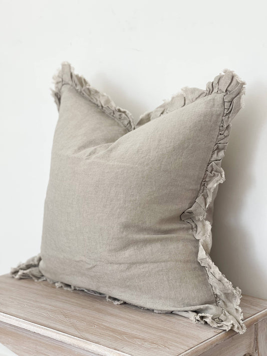 Ruffled Linen Cushion  – Natural Beige | 100% Stonewashed Linen