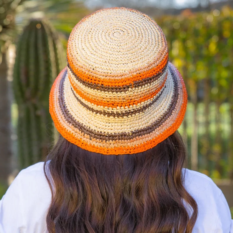 Checkerboard Raffia Bucket Hat – Orange & Brown | Luxury Handwoven Sun Hat